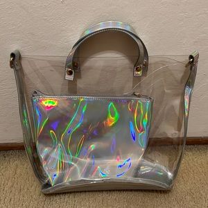 Clear iridescent silver beach tote bag